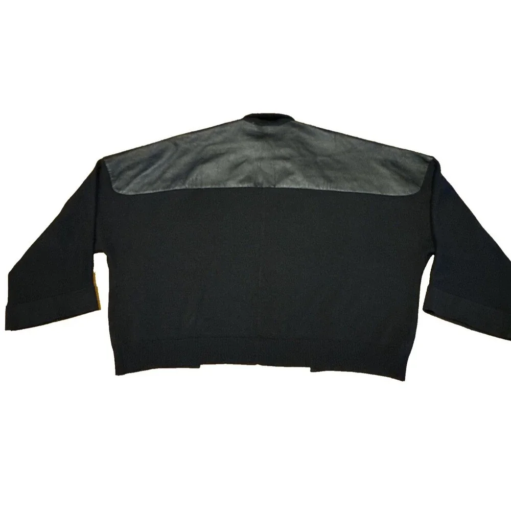 Anne Fontaine Black Cropped Cardigan Jacket 12 Silk Blend Lambskin Leather Trim